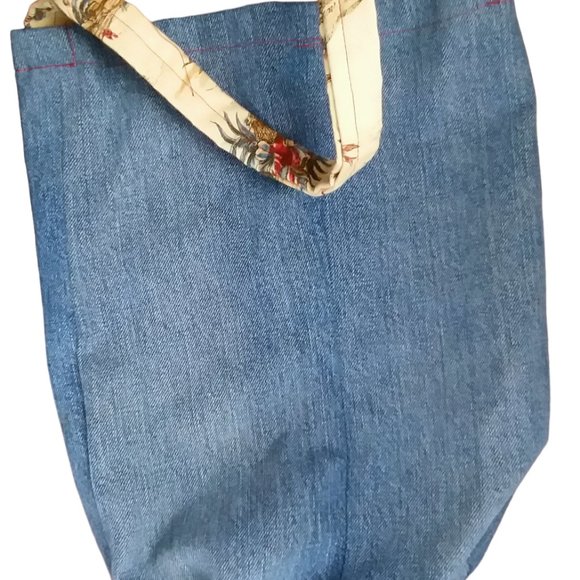 Vintage Handmade Denim Bag with Front Pocket and Bottom Gusset 13" x 11" - Picture 5 of 11